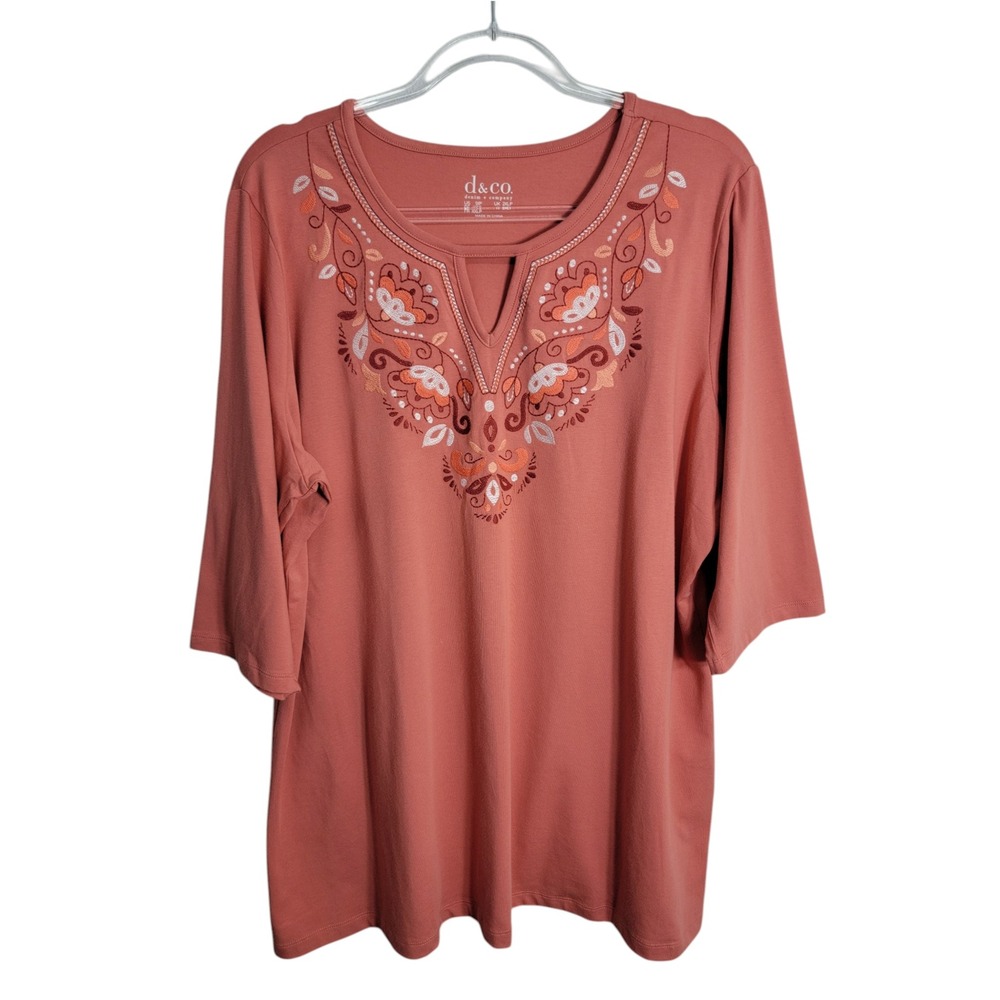 Denim & Co Womens 1XP T-Shirt Terracotta Embroidered Split Neck 3/4 Sleeve Tunic